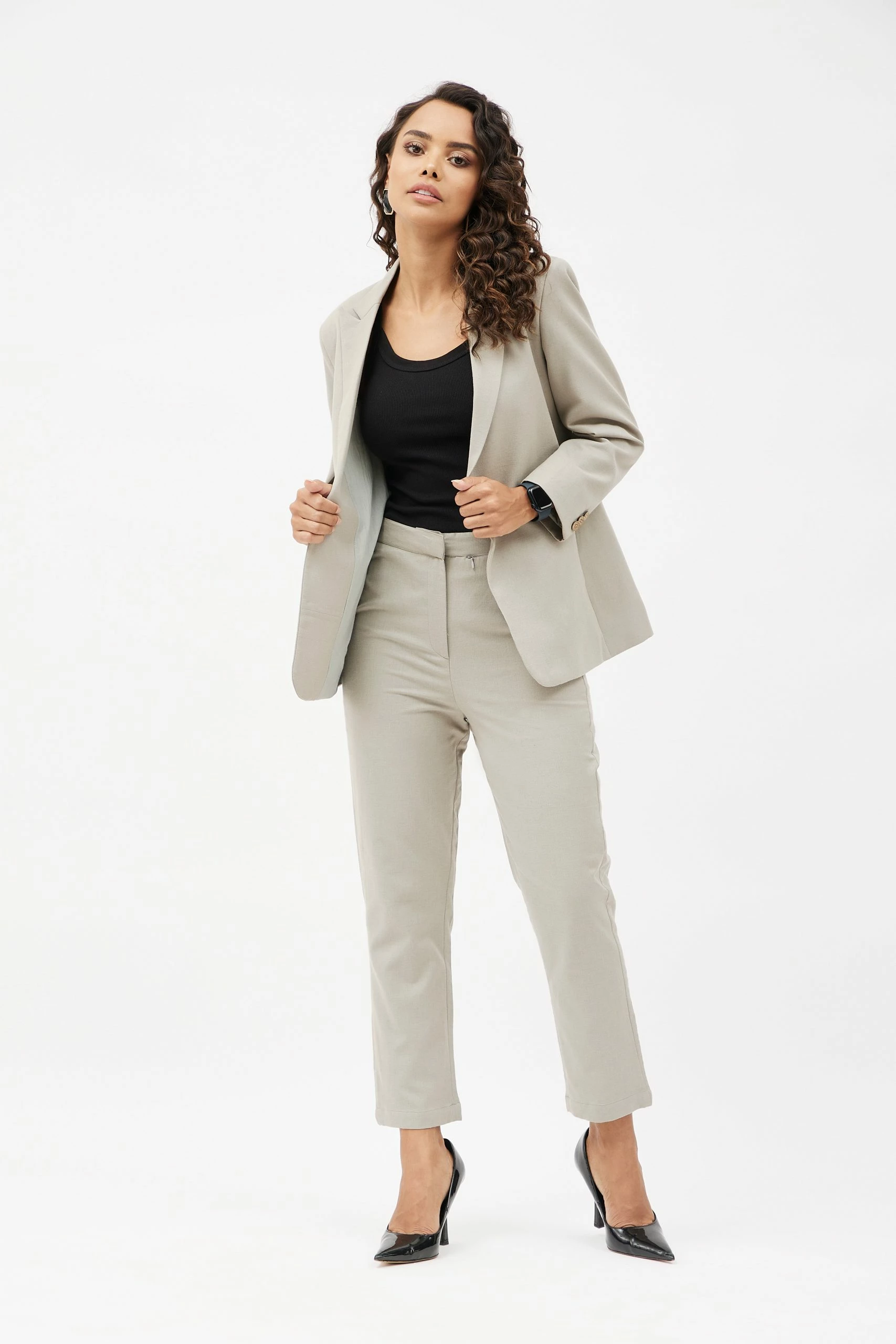 Go Titli Classic Work Blazer & Trouser Women's Linen Pant Suit Set - Grey 2 Go Titli Classic Work Blazer & Trouser Women's Linen Pant Suit Set - Grey - Image 2
