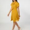 Not So Pink Mustard Neck Tie Flare Dress