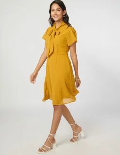 Not So Pink Mustard Neck Tie Flare Dress