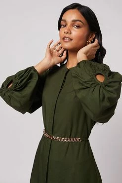 Not So Pink Olive Shirt Dress With Metal Belt -THE OFFICE PARTY EDIT SHOP NSP SUMIT E com1032